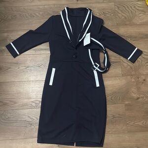 Elegant Navy Blue Dress with White Accents